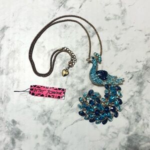 Betsy Johnson Large Peacock Pendant Necklace Blue Rhinestone Gold Tone